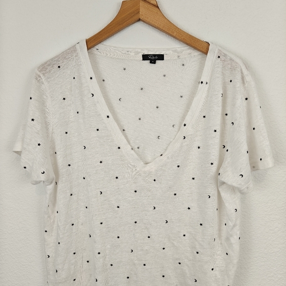 Rails Cara Stars & Moon Print V-neck Short-sleeve Tshirt Sheer Linen Blend SM - Picture 3 of 9